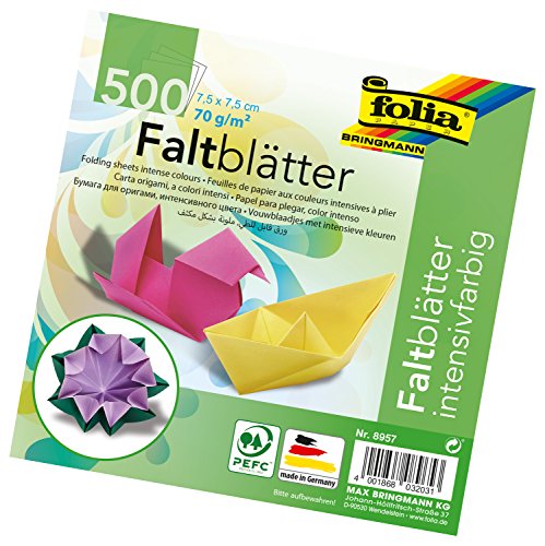 folia 8957 - Faltblätter 7,5 x 7,5 cm, 70 g/qm, 500 Blatt sortiert in 10 intensiven Farben - ideal zum Papierfalten und für andere kreative Bastelarbeiten von folia