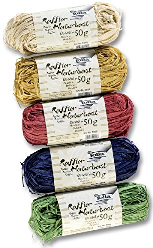 folia 901009 - Raffia Naturbast, 5 Bündel je 50 g, farbig sortiert - ideal zum Basteln oder für Gestecke, Sträuße und andere floristische Arbeiten von folia