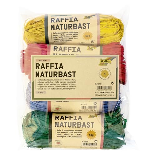 folia 901014 - Raffia Naturbast, 4 Bündel je 50 g, farbig sortiert - ideal zum Basteln oder für Gestecke, Sträuße und andere floristische Arbeiten von folia