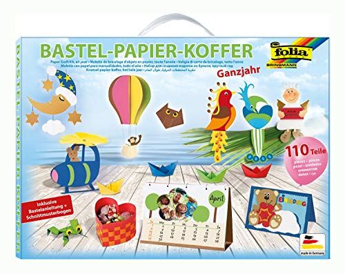 folia 930 - Bastelpapierkoffer Ganzjahr, 110 Teile - Kreativset für Kinder und Erwachsene mit Bastelpapier und Dekoelementen von folia