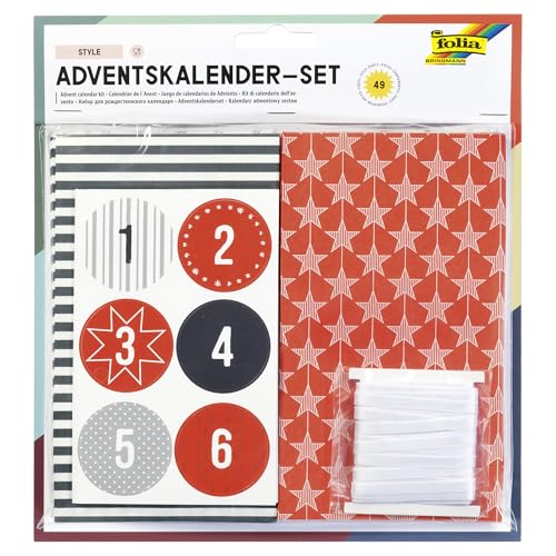 folia 9395 - Adventskalender Set Style, mit 24 lebensmittelechten Papiertüten je 10 x 17,5 x 5,5 cm groß, 7 m Satinband und Zahlensticker von folia