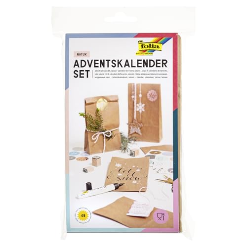 folia 9402 - Adventskalender-Set mit 24 lebensmittelechten Papiertüten naturfarben, Kordel und Zahlensticker von folia