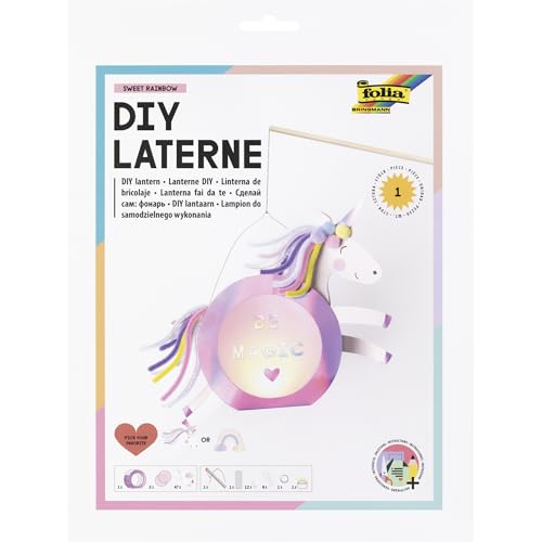 folia 94302 - DIY Laterne SWEET RAINBOW, ca. 19 x 44 x 6 cm - Laternen Bastelset gestaltbar als Einhorn oder Regenbogen, inkl. LED Licht, 2 Batterien und Klebepad von folia
