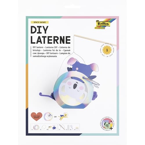 folia 94305 - DIY Laterne SPACE SAFARI, ca. 19 x 26 x 6 cm - Laternen Bastelset gestaltbar als Koala oder Tiger, inkl. LED Licht, 2 Batterien und Klebepad von folia