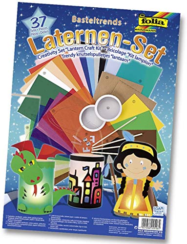 folia 951 - Laternen Bastel-Set, 37 Teile - Kreativset für Kinder und Erwachsene mit unterschiedlichen Materialien zum Basteln von Laternen (3 Stück) von folia