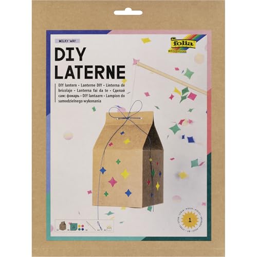 folia 95301 - DIY Laterne MILKY WAY, ca. 11 x 19,5 x 11 cm - Laternen Bastelset gestaltbar als Milchtüte mit Sternen, inkl. LED Licht, 2 Batterien und Klebepad von folia