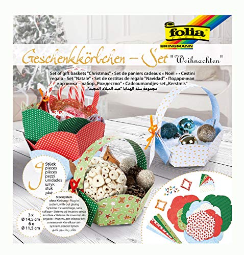 folia 965 - Geschenkkörbchen - Set Weihnachten, Bastelset für 9 Körbchen mit einfachem Stecksystem ohne Kleber, für liebevoll verpackte Kleinigkeiten zu Weihnachten von folia