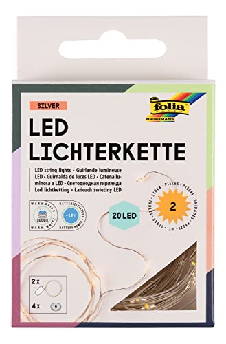 folia 986 - 2x Micro-LED Lichterkette mit je 20 LEDs in Warmweiß, ca. 2,20 m lange LED Beleuchtung aus Silberdraht, inkl. 4 Batterien folia 986 - 2x Micro-LED Lichterkette mit je 20 LEDs in Warmweiß, ca. 2,20 m lange LED Beleuchtung aus Silberdraht, inkl. 4 Batterien von folia