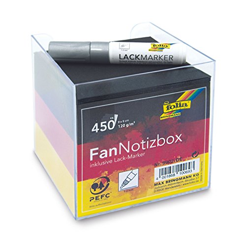 folia 9902/DE - Fan Notizbox, Zettelbox, 450 Blatt ca. 9x 9 cm, in schwarz, rot, gold, inklusive Lackmarker - ideal für schnelle Notizen und Termine von folia