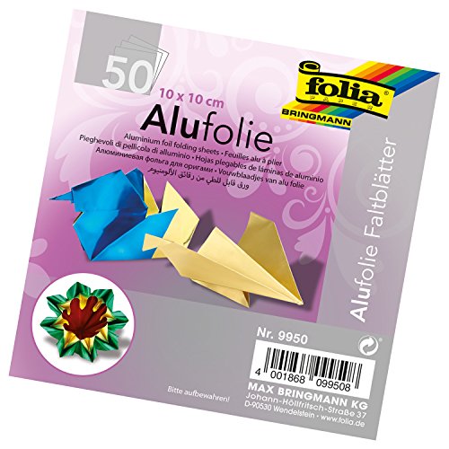 folia 9950 - Faltblätter aus Alufolie 10 x 10 cm, 100 g/qm, 50 Blatt, farbig sortiert - ideal zum Papierfalten und für andere kreative Bastelarbeiten folia 9950 - Faltblätter aus Alufolie 10 x 10 cm, 100 g/qm, 50 Blatt, farbig sortiert - ideal zum Papierfalten und für andere kreative Bastelarbeiten von folia