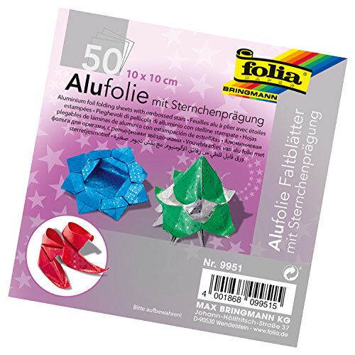 folia 9951 - Faltblätter aus Alufolie mit Sternchenprägung 10 x 10 cm, 100 g/qm, 50 Blatt, farbig sortiert - ideal zum Papierfalten und für andere kreative Bastelarbeiten folia 9951 - Faltblätter aus Alufolie mit Sternchenprägung 10 x 10 cm, 100 g/qm, 50 Blatt, farbig sortiert - ideal zum Papierfalten und für andere kreative Bastelarbeiten von folia