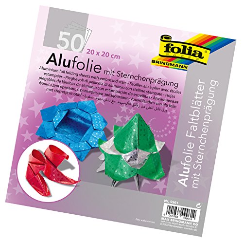 folia 9961 - Faltblätter aus Alufolie mit Sternchenprägung 20 x 20 cm, 100 g/qm, 50 Blatt, farbig sortiert - ideal zum Papierfalten und für andere kreative Bastelarbeiten von folia