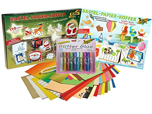 folia Bastel-Papier-Koffer Weihnachten, 110-teiliges Bastelset + Ganzjahres Set, insgesamt 220 Teile + 10x Glitter Kleber Glitter Glue von folia