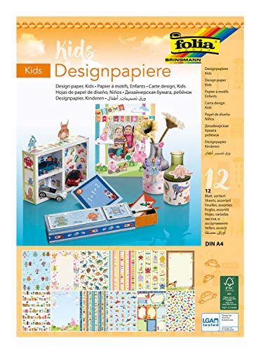 folia 11449 - Designpapier Block Kids, DIN A4, 165 g/qm, 12 Blatt sortiert in 12 verschiedenen Motiven, hochwertig illustriertes Papier mit Glitterapplikation von folia