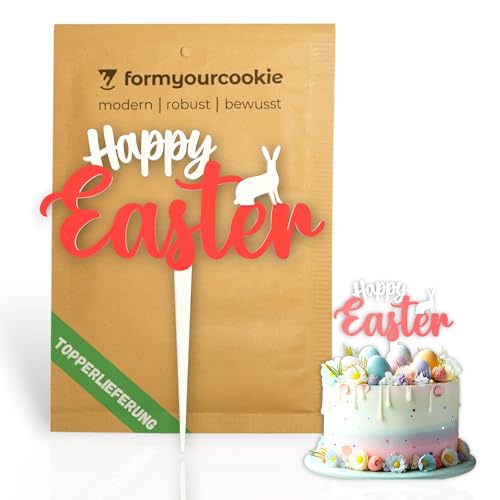 2-farbiger Happy Easter Cake Topper mit 3D-Effekt und angespitztem Stiel für Torten und Kuchen zu Ostern im Frühling (rot/weiß) von formyourcookie