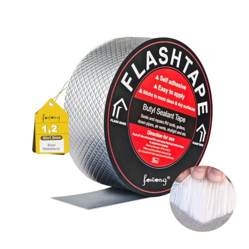 fowong Wasserdichtes Klebeband, 5cm(B) x5M(L) Butyl Klebeband Reparatur-klebeband Panzertape Alufolie Dickes Dichtband Alu Folie zum Abdichten und Befestigen im Loch Rohr Dach Wohnmobil von fowong