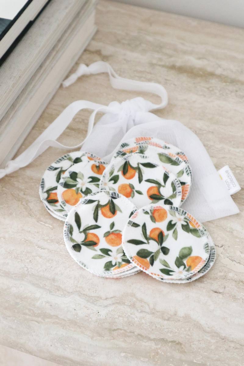 Wiederverwendbare Baumwollpads - Clementine, 100% Bio-Baumwolle, Make-Up-Entferner, Gesichtsrunden, Tonerpads, 15Er-Set, Waschbarer Netzbeutel von freoncollective
