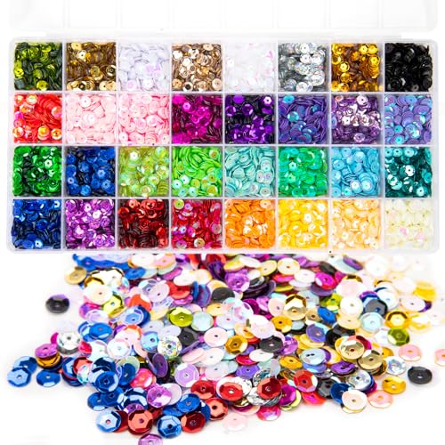 Lose Pailletten, 6 mm, 32 Farben, runde Stickerei-Pailletten mit Löchern, für Näharbeiten (mit Aufbewahrungsbox), 20800 Stück von fuceury
