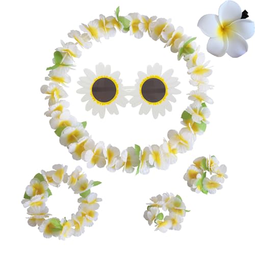 Hawaii Outfit Damen, Hawaii Kostüm Damen Mit Blumenkette, Eiblume Haarspange Und Sonnenblumengläser, Blumenkette Deko Blumenketten Hawaii Ketten Blumen Mit Halskette Stirnband Armband Haarclips von fufupaw