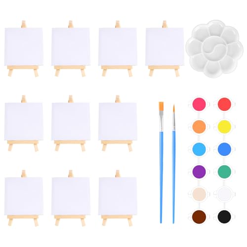 Mini Leinwand Mit Staffelei Set, 10 Stück Mini Leinwände und 10 Staffeleien Mit 12 Farben, 2 Pinseln und Palette, Ideal für Kunstprojekte, Schule und Kreative Geschenke von fufupaw
