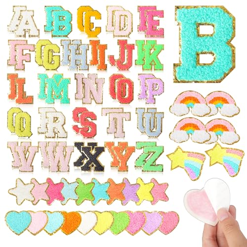 Funcolor Chenille-Buchstaben-Aufnäher für Rucksäcke: 78 Stück, selbstklebend, bunt, Vasen, Alphabet, Buchstaben, zum Selbermachen, Basteln, adretter Stern, Herz, Regenbogen, zum Aufkleben für Kleidung von funcolor