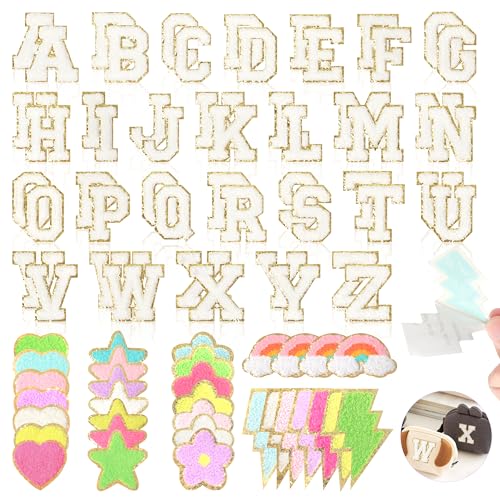 Funcolor Chenille-Buchstaben-Aufnäher für Rucksäcke: 84 Stück, selbstklebende weiße Vasitäten-Alphabet-Buchstaben zum Selbermachen – bunte Sterne, Herz, Regenbogen, zum Aufkleben auf Kleidung, Jacken von funcolor