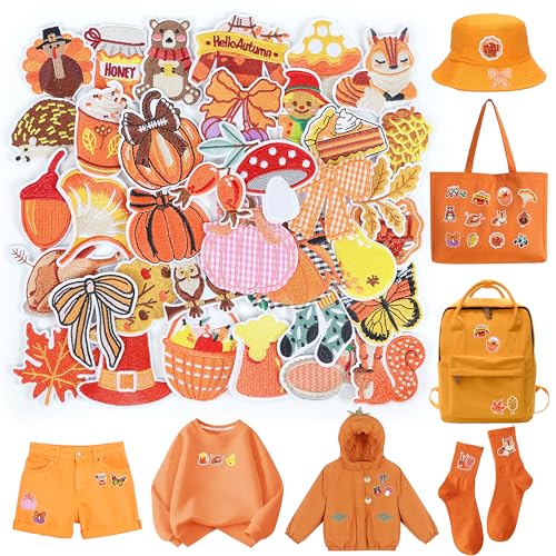 Funcolor Herbst-Aufnäher zum Aufbügeln für Thanksgiving: 36 Stück Herbst-Ahorn-Kürbis-Applikationen für Kleidung – niedliches Truthahnblatt zum Aufnähen auf Aufnäher für Trucker Hut Hemden von funcolor