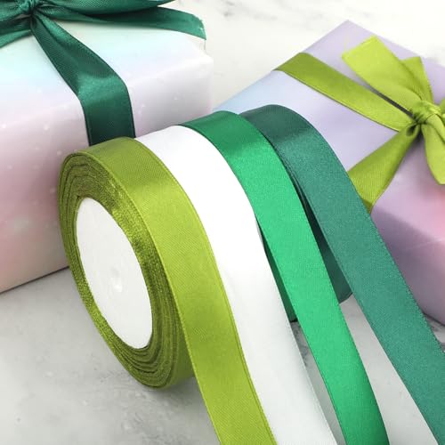 4 Rollen Geschenkband, 20mm Schleifenband zum Basteln, Satinband Stoffband für Weihnachten Geschenk Verpackung,Haarschleifen Schleifenband (Grün) von funvce