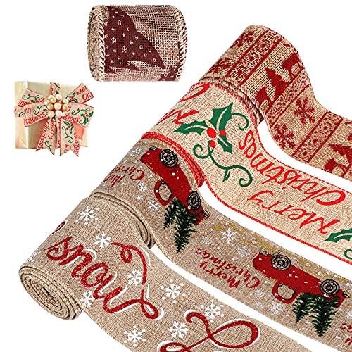 5 Stück Geschenkband Weihnachtsband, funvce Rot Juteband Weihnachtsbänder Schleifenband zum Geschenkpackung Verpackung,Vintage Christmas Satinband für Xmas Deko von funvce