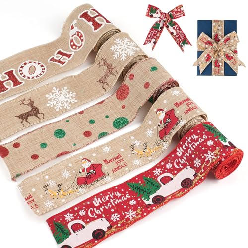 Geschenkbänder 5 Rollen, Weihnachten Dekoband, Breit Verdrahtet Band Jute Sackleinen, Weihnachtsschleifen Band, Vintage Weihnachtsbänder für Xmas Deko Geschenkverpackung Geschenkbänder 5 Rollen, Weihnachten Dekoband, Breit Verdrahtet Band Jute Sackleinen, Weihnachtsschleifen Band, Vintage Weihnachtsbänder für Xmas Deko Geschenkverpackung von funvce
