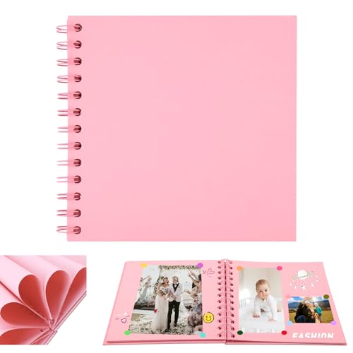 Kleines Fotoalbum zum Selbstgestalten,17x17cm Scrapbook 20 Blätter(40 Seiten) Fotoalben Ringbuch, Fotobücher Kraftpapier Spiralalbum für Baby Geburtstag Jahrestag Hochzeit (Rosa) von funvce