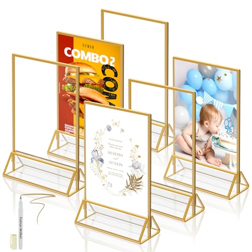Aufsteller A5 Gold,Doppelseitige Bilderrahmen A5, 6St Acryl Tishkartenhalter Tischnummern-Aufsteller Golde für Hochzeit Tischdeko,Schicker Flyerständer Kartenständer Bilderrahmen für Kinderzeichnunge von futrue-wolker