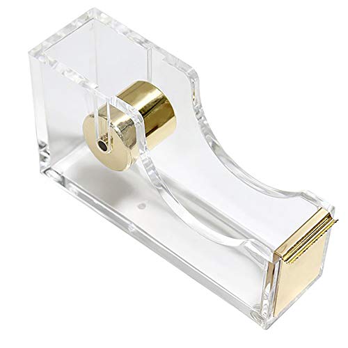 Klebebandspender, Transparent Acrylic Klebebändabroller, Clear Klebeband-Spender, Tape Schneider, Tape Cutter Desktop Schreibwaren, Rutschfest, Einfache Handhabung, 12x6.5x3.5 cm, 210g, Gold, 1Stück von fuxunamz