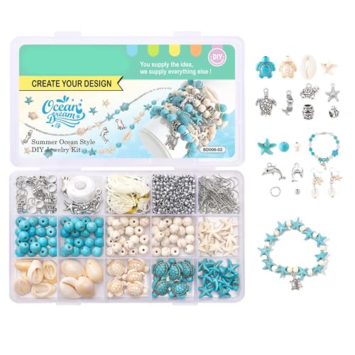 Perlen Armbänder, 500 Stück Armbänder Selber Machen Set, Dreamy Ocean Style Türkis Muschel Schmuck Perlen Set, Bracelet Making Kit für DIY Schmuck Halskette Ohrringe für Kinder Erwachsene von fuxunamz