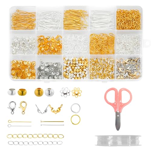 Schmuckherstellung Set, 1100 Stück Schmuckherstellung Zubehör Set, Einschließlich Karabinerverschlüsse, Flachkopfnadel, Offener Bindering, Verlängerungskette, Doppelter Ohrringverschluss und so Weiter von fuxunamz