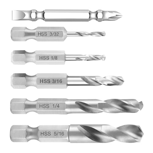 gQsskli Metallbohrer Set 5 Stück, Einteiliger Sechseckiger Griff Bohrer Satz für Winkelaufsatz und Verwendung in Enge Räume, 3/32, 1/8, 3/16, 1/4, 5/16 Zoll, mit Hraubendreher (silbrig) von gQsskli