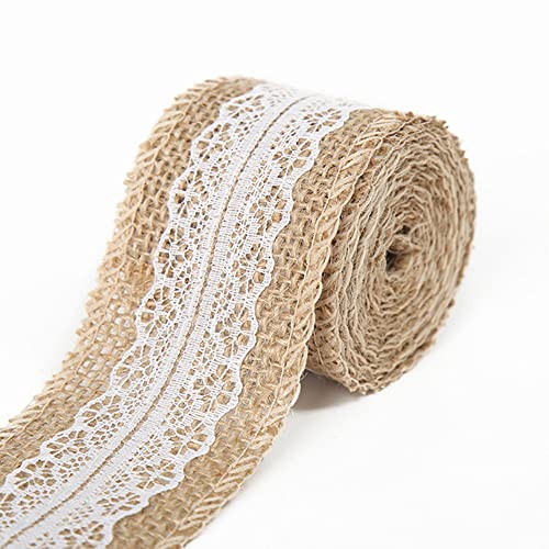 5M Leinwand Hessische Jute Band Burlap Band Handwerk Farbband mit Weisse Spitzen für Handwerk Hochzeit Haus Dekor Geschenkverpackung (4cm) von gadenfer