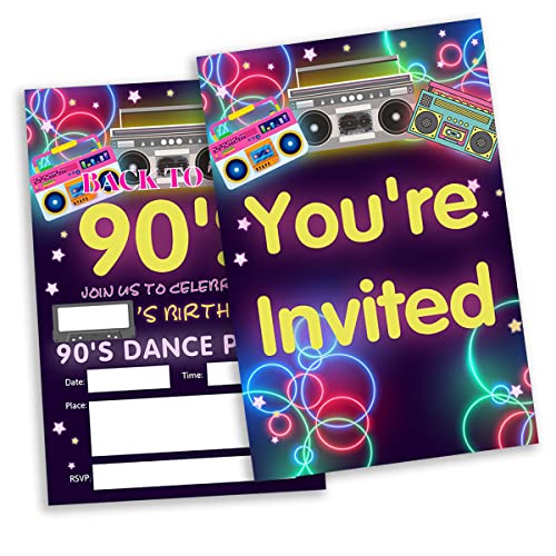 20 Stück 90er Jahre Geburtstagsparty-Einladungen mit Umschlägen, Retro Back to the 90er Jahre Fill in Einladungskarten zum Ausfüllen der 90er Jahre Tanzeinladungen von gaicaak
