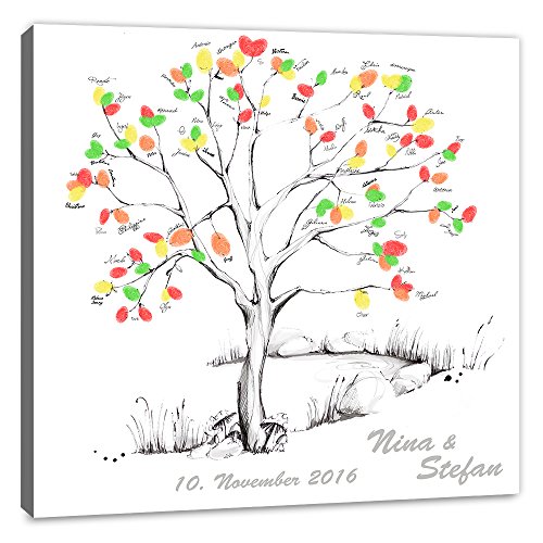 galleryy.net Fingerabdruck Baum Leinwand 60x60 mit NAMEN & DATUM - INKL Zubehör-Set (Stempelkissen+Stift+Anleitung+Hochzeitsbuch+...) - Wedding Tree Zeichenstil grau - Fingerabdruck Baum Leinwand von galleryy.net