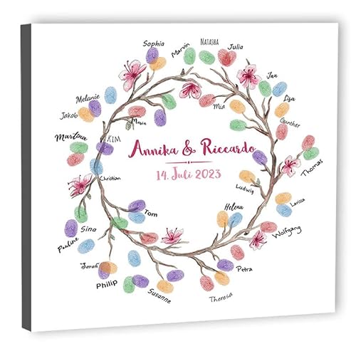 galleryy.net Fingerabdruck-Leinwand Hochzeit Leinwand 40x40 cm - Individuell mit Namen & Datum - INKL. Zubehör-set mit Stempelkissen, Stift und Hochzeitsbuch - Motiv - Blumenkranz von galleryy.net