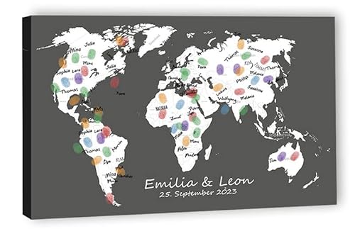 galleryy.net Fingerabdruck-Leinwand Hochzeit Leinwand 60x40 cm - Individuell mit Namen & Datum - INKL. Zubehör-set mit Stempelkissen, Stift und Hochzeitsbuch - Motiv - Reiseführer Welt Grau von galleryy.net