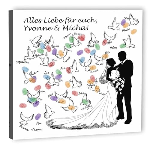 galleryy.net Fingerabdruck-Leinwand Hochzeit Leinwand 80x80 cm - Individuell mit Namen & Datum - INKL. Zubehör-set mit Stempelkissen, Stift und Hochzeitsbuch - Motiv - Tauben von galleryy.net