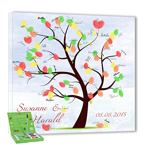 galleryy.net Hochzeitsbaum Fingerabdruck 60x60 mit Namen & Datum - INKL Zubehör-Set (Stempelkissen+Stift+Anleitung+Hochzeitsbuch+.) GRATIS - Ehebaum Hintergrund - Hochzeitsbaum Fingerabdruck von galleryy.net