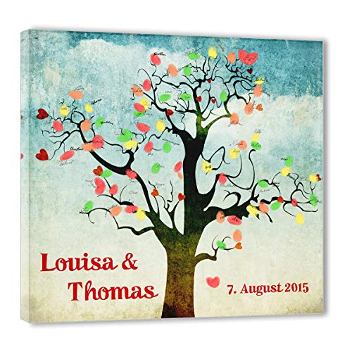 Wedding Tree Leinwand 60x60 mit NAMEN & DATUM - INKL Zubehör-Set (Stempelkissen+Stift+Anleitung+Hochzeitsbuch+...) GRATIS - Herzchen Cloud - Hochzeitsbaum Fingerabdruck von galleryy.net