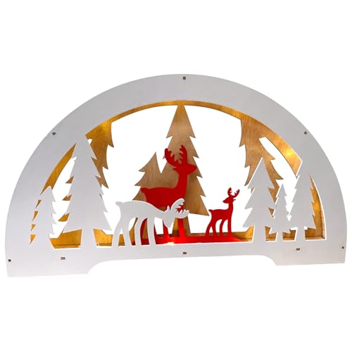 gartenmoebel-einkauf 3D Lichterbogen Kerzenbogen 45cm mit 10 LED warmweiss, Holz mit Winterwaldmotiv in natur, weiß und rot, Batteriebetrieb mit Timer 6h, Größe 45x25cm von gartenmoebel-einkauf