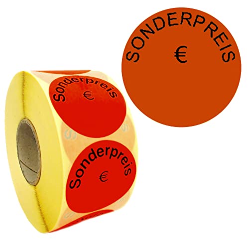 1.000 Aktionsetiketten SONDERPREIS Eurozeichen | rund leuchtrot auf Rolle 50 mm, Etiketten permanent selbstklebend von gebar