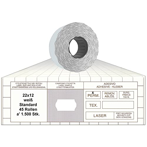 Preisauszeichner Etiketten 22x12 Standard weiß 45 Rollen permanent Preisetiketten für Printex Tovel Contact Meto Blitz Open Print Jolly von gebar