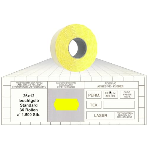 Preisauszeichner Etiketten 26x12 Standard leuchtgelb 36 Rollen ablösbare Preisetiketten 1-Zeilig für Smart, Tovel, Meto, Contact, Sato, Samark, Printex Preisauszeichner Etiketten 26x12 Standard leuchtgelb 36 Rollen ablösbare Preisetiketten 1-Zeilig für Smart, Tovel, Meto, Contact, Sato, Samark, Printex von gebar
