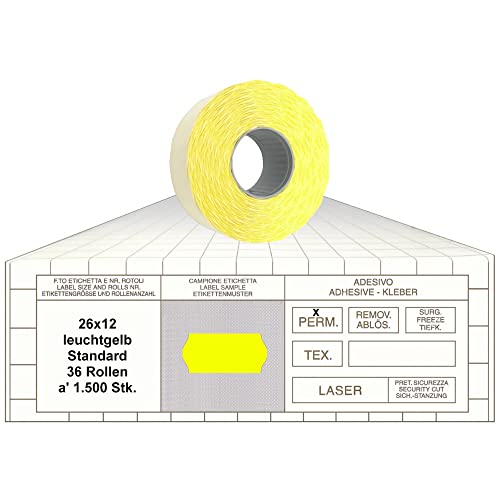 Preisauszeichner Etiketten 26x12 Standard leuchtgelb 36 Rollen permanent Preisetiketten 1-Zeilig für Smart, Tovel, Meto, Contact, Sato, Samark, Printex von gebar