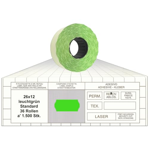 Preisauszeichner Etiketten 26x12 Standard leuchtgrün 36 Rollen ablösbare Preisetiketten 1-Zeilig für Smart, Tovel, Meto, Contact, Sato, Samark, Printex Preisauszeichner Etiketten 26x12 Standard leuchtgrün 36 Rollen ablösbare Preisetiketten 1-Zeilig für Smart, Tovel, Meto, Contact, Sato, Samark, Printex von gebar